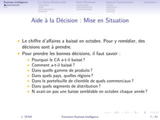 .
.
.
.
.
.
.
.
.
.
.
.
.
.
.
.
.
.
.
.
.
.
.
.
.
.
.
.
.
.
.
.
.
.
.
.
.
.
.
.
Business Intelligence La Chaîne Décisionnelle Data Warehouse Aspects Fondamentaux Conclusion
Aide à la Décision : Mise en Situation
• Le chiﬀre d’aﬀaires a baissé en octobre. Pour y remédier, des
décisions sont à prendre.
• Pour prendre les bonnes décisions, il faut savoir :
• Pourquoi le CA a-t-il baissé ?
• Comment a-t-il baissé ?
• Dans quelle gamme de produits ?
• Dans quels pays, quelles régions ?
• Dans le portefeuille de clientèle de quels commerciaux ?
• Dans quels segments de distribution ?
• N avait-on pas une baisse semblable en octobre chaque année ?
L. SFAXI Formation Business Intelligence 7 / 91
 