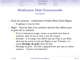 .
.
.
.
.
.
.
.
.
.
.
.
.
.
.
.
.
.
.
.
.
.
.
.
.
.
.
.
.
.
.
.
.
.
.
.
.
.
.
.
Business Intelligence La Chaîne Décisionnelle Data Warehouse Aspects Fondamentaux Conclusion
Modélisation Multi-Dimensionnelle
Granularité
• Grain du contexte : combinaison Produit-Mois-Client-Région
• S’applique à tous les faits
• Règle : Tous les faits d’un contexte doivent être déﬁnis pour
le grain de ce contexte
• Si les 3 indicateurs marge, revenu et quantité sont dans le
contexte, alors ils ont un sens à tous les niveaux
• Exemple : si la marge n’est déﬁnie que par Pays et par Mois,
alors que les autres le sont par Région et par Trimestre, il y
aurait décalage de grain entre les faits
• Décalage de grain : les faits n’appartiennent pas tous au même
contexte ⇒Facteur d’incohérence !
L. SFAXI Formation Business Intelligence 58 / 91
 