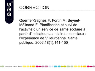 CORRECTION
Querrier-Sagnes F, Fortin M, Beynet-
Mélinand F. Planification et suivi de
l’activité d’un service de santé scolaire à
partir d’indicateurs sanitaires et sociaux :
l’expérience de Villeurbanne. Santé
publique. 2006;18(1):141-150
 