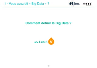 Comment déﬁnir le Big Data ?
=> Les 5
13
1 - Vous avez dit « Big Data » ?
 