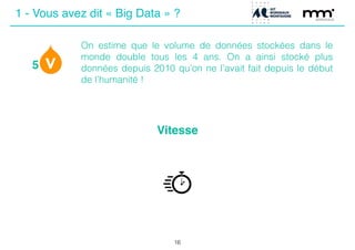 5
16
On estime que le volume de données stockées dans le
monde double tous les 4 ans. On a ainsi stocké plus
données depuis 2010 qu’on ne l’avait fait depuis le début
de l’humanité !
Vitesse
1 - Vous avez dit « Big Data » ?
 