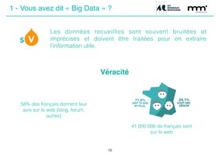 5
18
Les données recueillies sont souvent bruitées et
imprécises et doivent être traitées pour en extraire
l’information utile.
Véracité
41 000 000 de français sont
sur le web
58% des français donnent leur
avis sur le web (blog, forum,
autres)
1 - Vous avez dit « Big Data » ?
 