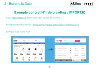 Exemple concret N°1 de crawling : IMPORT.IO
26
L’outil https://import.io est un outil open source de crawling
!
!
Principe de fonctionnement : https://www.youtube.com/watch?v=cdmsTxu45-c
!
!
Exemple avec le site IKEA :
2 - Extraire la Data
 