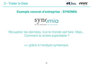 Récupérer les données, tout le monde sait faire. Mais…
Comment la rendre exploitable ?
32
3 - Traiter la Data
Exemple concret d’entreprise : SYNOMIA
=> grâce à l’analyse syntaxique.
 