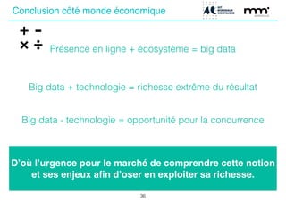 Présence en ligne + écosystème = big data
Big data + technologie = richesse extrême du résultat
Big data - technologie = opportunité pour la concurrence
D’où l’urgence pour le marché de comprendre cette notion
et ses enjeux aﬁn d’oser en exploiter sa richesse.
36
Conclusion côté monde économique
 