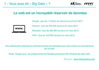 1 - Vous avez dit « Big Data » ?
Le web est un incroyable réservoir de données
!
Google : plus de 1 millions de serveurs en janvier 2010!
!
Amazon : plus de 450 000 serveurs en mars 2012!
!
Microsoft : plus de 300 000 serveurs en mars 2013!
!
OVH : plus de 140 000 serveurs en mars 2013!
!
!
Ces datacenters stockent et archivent toutes les données que nous créons en permanence
sur le web.!
!
Aussi, chaque jour, les programmes de Google parcourent 20 milliards de sites web.!
!
Sources : www.datapublica.com
 
