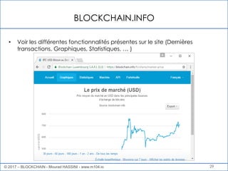 BLOCKCHAIN.INFO
29
• Voir les différentes fonctionnalités présentes sur le site (Dernières
transactions, Graphiques, Statistiques, … )
© 2017 – BLOCKCHAIN - Mourad HASSINI - www.m104.io
 