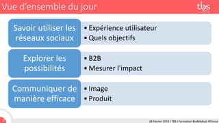 Vue d’ensemble du jour
Savoir utiliser les • Expérience utilisateur
réseaux sociaux • Quels objectifs
Explorer les
possibilités

• B2B
• Mesurer l'impact

Communiquer de • Image
manière efficace • Produit
2

24 Février 2014 I TBS I Formation BioMédical Alliance

 
