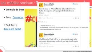 Les médias sociaux : Twitter
• Exemple de buzz / bad buzz :
• Buzz : Carambar
• Bad Buzz :
Gaumont Pathé

23

24 Février 2014 I TBS I Formation BioMédical Alliance

 