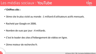 Les médias sociaux : YouTube
Chiffres clés :
• 3ème site le plus visité au monde : 1 milliard d’utilisateurs actifs mensuels.
• Racheté par Google en 2006.
• Nombre de vues par jour : 4 milliards.
• C’est le leader des sites d’hébergement de vidéos en ligne.
• 2ème moteur de recherche fr.
25

24 Février 2014 I TBS I Formation BioMédical Alliance

 