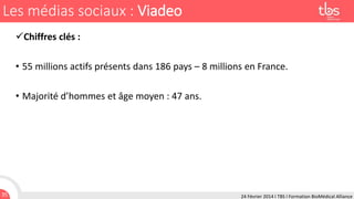 Les médias sociaux : Viadeo
Chiffres clés :
• 55 millions actifs présents dans 186 pays – 8 millions en France.
• Majorité d’hommes et âge moyen : 47 ans.

35

24 Février 2014 I TBS I Formation BioMédical Alliance

 