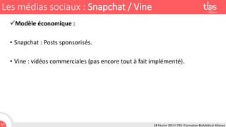 Les médias sociaux : Snapchat / Vine
Modèle économique :
• Snapchat : Posts sponsorisés.
• Vine : vidéos commerciales (pas encore tout à fait implémenté).

61

24 Février 2014 I TBS I Formation BioMédical Alliance

 