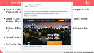 Les objectifs managériaux
• Objectif = Valoriser au plan national la prochaine tenue d'un salon régional sur le
thème de la formation professionnelle.
• Cibles = Exposants potentiels, prescripteurs pour la promotion du salon, anciens
visiteurs identifiés.

• Action = Diffuser et publier des informations autour du salon (photos, planning,
...).
• Quand ? Avant, pendant et après l’évènement.
• Outil = Facebook ou Google +, LinkedIn ou Viadeo.
76

24 Février 2014 I TBS I Formation BioMédical Alliance

 