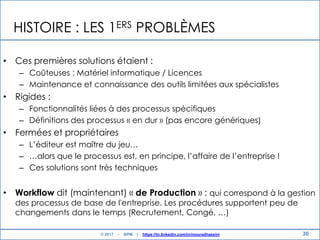 30
HISTOIRE : LES 1ERS PROBLÈMES
• Ces premières solutions étaient :
– Coûteuses : Matériel informatique / Licences
– Maintenance et connaissance des outils limitées aux spécialistes
• Rigides :
– Fonctionnalités liées à des processus spécifiques
– Définitions des processus « en dur » (pas encore génériques)
• Fermées et propriétaires
– L‟éditeur est maître du jeu…
– …alors que le processus est, en principe, l‟affaire de l‟entreprise !
– Ces solutions sont très techniques
• Workflow dit (maintenant) « de Production » : qui correspond à la gestion
des processus de base de l'entreprise. Les procédures supportent peu de
changements dans le temps (Recrutement, Congé, …)
© 2017 - BPM | https://tn.linkedin.com/in/mouradhassini
 