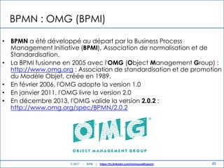 BPMN : OMG (BPMI)
• BPMN a été développé au départ par la Business Process
Management Initiative (BPMI), Association de normalisation et de
Standardisation.
• La BPMI fusionne en 2005 avec l'OMG (Object Management Group) :
http://www.omg.org : Association de standardisation et de promotion
du Modèle Objet, créée en 1989.
• En février 2006, l'OMG adopte la version 1.0
• En janvier 2011, l'OMG livre la version 2.0
• En décembre 2013, l'OMG valide la version 2.0.2 :
http://www.omg.org/spec/BPMN/2.0.2
45© 2017 - BPM | https://tn.linkedin.com/in/mouradhassini
 