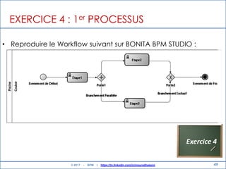 49
EXERCICE 4 : 1er PROCESSUS
• Reproduire le Workflow suivant sur BONITA BPM STUDIO :
Exercice 4
© 2017 - BPM | https://tn.linkedin.com/in/mouradhassini
 