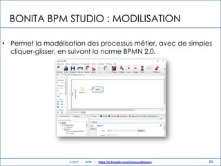 BONITA BPM STUDIO : MODILISATION
• Permet la modélisation des processus métier, avec de simples
cliquer-glisser, en suivant la norme BPMN 2.0.
86© 2017 - BPM | https://tn.linkedin.com/in/mouradhassini
 