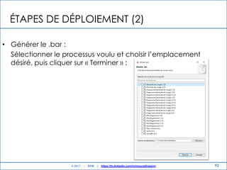 ÉTAPES DE DÉPLOIEMENT (2)
• Générer le .bar :
Sélectionner le processus voulu et choisir l‟emplacement
désiré, puis cliquer sur « Terminer » :
92© 2017 - BPM | https://tn.linkedin.com/in/mouradhassini
 