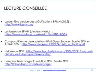 98
LECTURE CONSEILLÉE
• La dernière version des spécifications BPMN (2.0.2) :
http://www.bpmn.org
• Les bases du BPMN (plusieurs vidéos) :
https://www.youtube.com/watch?v=IBFI1xlFQ5A
• Comparatif entre deux solutions BPM Open Source : Bonita BPM et
Activiti BPM : http://www.starxpert.fr/PDF/Activiti_vs_Bonita.pdf
• Histoire du BPM : http://www.bpmbulletin.com/2006/05/11/un-court-
historique-du-bpm-premiere-partie/
• Lien pour télécharger la solution BPM, Bonita BPM :
http://fr.bonitasoft.com/telecharger
© 2017 - BPM | https://tn.linkedin.com/in/mouradhassini
 