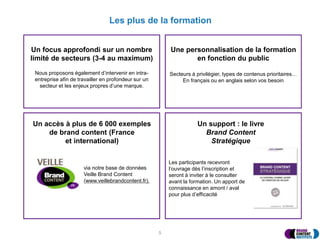 Les plus de la formation
5
Un focus approfondi sur un nombre
limité de secteurs (3-4 au maximum)
Nous proposons également d’intervenir en intra-
entreprise afin de travailler en profondeur sur un
secteur et les enjeux propres d’une marque.
Une personnalisation de la formation
en fonction du public
Secteurs à privilégier, types de contenus prioritaires…
En français ou en anglais selon vos besoin
Un support : le livre
Brand Content
Stratégique
Les participants recevront
l’ouvrage dès l’inscription et
seront à inviter à le consulter
avant la formation. Un apport de
connaissance en amont / aval
pour plus d’efficacité
via notre base de données
Veille Brand Content
(www.veillebrandcontent.fr).
Un accès à plus de 6 000 exemples
de brand content (France
et international)
 