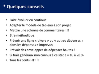 * Quelques conseils
• Faire évoluer en continue
• Adapter le modèle de tableau à son projet
• Mettre une colonne de commentaires !!!
• Etre méthodique
• Prévoir une ligne « divers » ou « autres dépenses »
dans les dépenses = imprévus
• Prévoir des enveloppes de dépenses hautes !
• Si frais généraux non connus à ce stade = 10 à 20 %
• Tous les coûts HT !!!
 