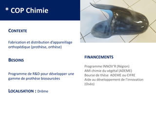 * COP Chimie
CONTEXTE
Fabrication et distribution d’appareillage
orthopédique (prothèse, orthèse)
BESOINS
Programme de R&D pour développer une
gamme de prothèse biosourcées
LOCALISATION : Drôme
FINANCEMENTS
Programme INNOV’R (Région)
AMI chimie du végétal (ADEME)
Bourse de thèse ADEME ou CIFRE
Aide au développement de l’innovation
(Oséo)
 