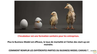 L’Incubateur est une formation sanitaire pour les entreprises.
Plus le Business Model est efficace, le taux de mortalité et l'échec des start-up est
moindre.
COMMENT REMPLIR LES DIFFÉRENTES PARTIES DU BUSINESS MODEL CANVAS ?11
 