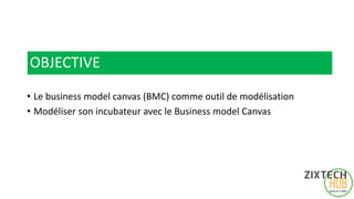 OBJECTIVE
• Le business model canvas (BMC) comme outil de modélisation
• Modéliser son incubateur avec le Business model Canvas
3
 