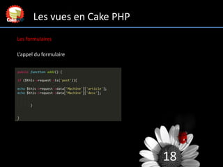 18
Les vues en Cake PHP
Les formulaires
L’appel du formulaire
 