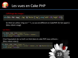 19
Les vues en Cake PHP
L’affichage des images :
En Html on utilise <img src=‘’ ‘’>, Le cas est différent en CakePHP. On f...