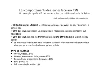 Les comportements des jeunes face aux RSN
Un exemple significatif : les jeunes suivis par la Mission locale de Reims
88 % des jeunes utilisent les réseaux sociaux et peuvent en citer au moins 5
différents
95% des jeunes utilisant un ou plusieurs réseaux sociaux sont inscrits sur
Facebook
25% des jeunes ont déjà transmis ou reçu une offre d’emploi via un réseau
social.
 Le niveau scolaire n’aurait pas d’incidence sur l’utilisation ou non de réseaux sociaux
ainsi que sur le nombre de réseaux sociaux utilisés.
TYPE DE PARTAGE :
 Photos, vidéos… 84%
 Humeur, événements de la journée 47%
 Demandes ou propositions de services 20%
 Bons plans 17%
 Offres emploi/formation 15%
Etude réalisée en juillet 2014 sur 300 jeunes inscrits
 