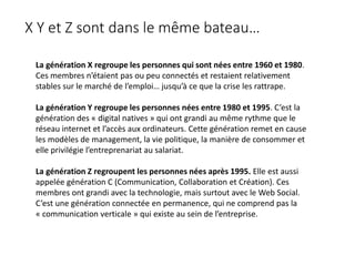 X Y et Z sont dans le même bateau…
La génération X regroupe les personnes qui sont nées entre 1960 et 1980.
Ces membres n’étaient pas ou peu connectés et restaient relativement
stables sur le marché de l’emploi… jusqu’à ce que la crise les rattrape.
La génération Y regroupe les personnes nées entre 1980 et 1995. C’est la
génération des « digital natives » qui ont grandi au même rythme que le
réseau internet et l’accès aux ordinateurs. Cette génération remet en cause
les modèles de management, la vie politique, la manière de consommer et
elle privilégie l’entreprenariat au salariat.
La génération Z regroupent les personnes nées après 1995. Elle est aussi
appelée génération C (Communication, Collaboration et Création). Ces
membres ont grandi avec la technologie, mais surtout avec le Web Social.
C’est une génération connectée en permanence, qui ne comprend pas la
« communication verticale » qui existe au sein de l’entreprise.
 