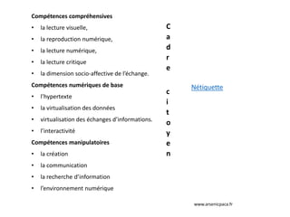 Compétences compréhensives
• la lecture visuelle,
• la reproduction numérique,
• la lecture numérique,
• la lecture critique
• la dimension socio-affective de l’échange.
Compétences numériques de base
• l’hypertexte
• la virtualisation des données
• virtualisation des échanges d’informations.
• l’interactivité
Compétences manipulatoires
• la création
• la communication
• la recherche d’information
• l’environnement numérique
C
a
d
r
e
c
i
t
o
y
e
n
www.arsenicpaca.fr
Nétiquette
 