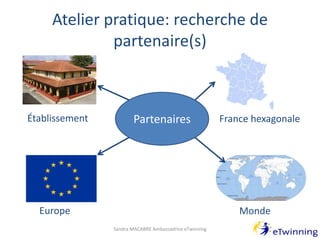Atelier pratique: recherche de
partenaire(s)
Sandra MACABRE Ambassadrice eTwinning
PartenairesÉtablissement France hexagonale
Europe Monde
 