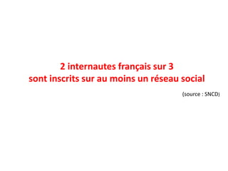 2 internautes français sur 3
sont inscrits sur au moins un réseau social
(source : SNCD)

 