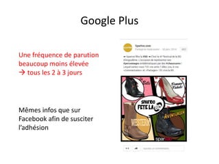 Google Plus
Une fréquence de parution
beaucoup moins élevée
 tous les 2 à 3 jours

Mêmes infos que sur
Facebook afin de susciter
l’adhésion

 