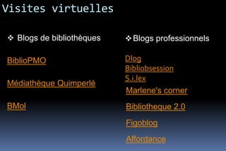 Visites virtuelles

 Blogs de bibliothèques    Blogs professionnels

BiblioPMO                  Dlog
                           Bibliobsession
                           S.i.lex
Médiathèque Quimperlé
                           Marlene's corner
BMol                       Bibliotheque 2.0
                           Figoblog
                           Affordance
 
