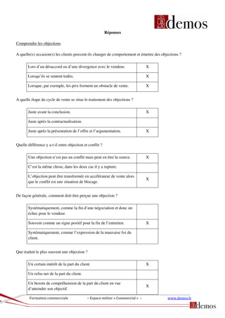 Formation commerciale – Espace métier « Commercial » – www.demos.fr
Réponses
Comprendre les objections
A quelle(s) occasion(s) les clients peuvent-ils changer de comportement et émettre des objections ?
Lors d’un désaccord ou d’une divergence avec le vendeur. X
Lorsqu’ils se sentent trahis. X
Lorsque, par exemple, les prix forment un obstacle de vente. X
A quelle étape du cycle de vente se situe le traitement des objections ?
Juste avant la conclusion. X
Juste après la contractualisation.
Juste après la présentation de l’offre et l’argumentation. X
Quelle différence y a-t-il entre objection et conflit ?
Une objection n’est pas un conflit mais peut en être la source. X
C’est la même chose, dans les deux cas il y a rupture.
L’objection peut être transformée en accélérateur de vente alors
que le conflit est une situation de blocage.
X
De façon générale, comment doit être perçue une objection ?
Systématiquement, comme la fin d’une négociation et donc un
échec pour le vendeur.
Souvent comme un signe positif pour la fin de l’entretien. X
Systématiquement, comme l’expression de la mauvaise foi du
client.
Que traduit le plus souvent une objection ?
Un certain intérêt de la part du client. X
Un refus net de la part du client.
Un besoin de compréhension de la part du client en vue
d’atteindre son objectif.
X
 