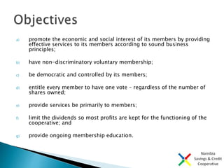 a) promote the economic and social interest of its members by providing
effective services to its members according to sou...