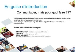En guise d'introduction
         Communiquer, mais pour quoi faire ???
     Toute démarche de communication répond à une stratégie construite en lien étroit
     avec le projet de la structure concernée.
     Cette stratégie détermine les objectifs et donc le public de toute démarche de
     communication.

     3 axes pour penser sa stratégie :

     → SENSIBILISER c'est à dire « donner de l'information »
     → VENDRE c'est à dire présenter l'offre
     → CONVAINCRE c'est à dire « assurer le suivi de la relation »
 