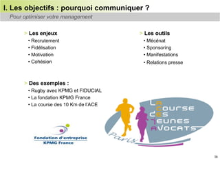 I. Les objectifs : pourquoi communiquer ?
 Pour optimiser votre management


      > Les enjeux                       > Les outils
       •  Recrutement                     •  Mécénat
       •  Fidélisation                    •  Sponsoring
       •  Motivation                      •  Manifestations
       •  Cohésion                        •  Relations presse



      > Des exemples :
       •  Rugby avec KPMG et FIDUCIAL
       •  La fondation KPMG France
       •  La course des 10 Km de l’ACE




                                                                16
 