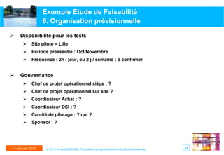 Exemple Etude de Faisabilité
6. Organisation prévisionnelle


Disponibilité pour les tests




Période pressentie : Oct/Novembre





Site pilote = Lille
Fréquence : 2h / jour, ou 2 j / semaine : à confirmer

Gouvernance


Chef de projet opérationnel siège : ?



Chef de projet opérationnel sur site ?



Coordinateur Achat : ?



Coordinateur DSI : ?



Comité de pilotage : ? qui ?



Sponsor : ?

14 Janvier 2014

© 2014 Arnaud GERARD, Tous droits de reproduction et de diffusion réservés

23

 