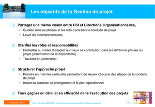 Les objectifs de la Gestion de projet
 Partager une même vision entre DSI et Directions Organisationnelles,
 Quelles sont les phases et les clés d’une bonne conduite de projet
 Lever les incompréhensions

 Clarifier les rôles et responsabilités
 Permettre au métier d’adapter au mieux sa contribution dans les différents phases du
projet (planification de la disponibilité)
 Travailler en partenariat

 Structurer l’approche projet
 Prendre en main les outils-clés permettant de réussir chacune des étapes de la conduite
de projet
 Inclure la conduite de changement et le plan opérationnel

 Tous gagner en délai et en efficacité dans l’exécution des projets
14 Janvier 2014

© 2014 Arnaud GERARD, Tous droits de reproduction et de diffusion réservés

4

 