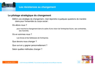 Les résistances au changement

Le pilotage stratégique du changement
Définir une stratégie de changement, c'est répondre à quelques questions de manière
claire pour l'ensemble du corps social :
Où allons nous ?
pour inscrire le changement dans le cadre d'une vision de l'entreprise future, ses contraintes,
ses marchés.

Où en sommes nous ?
Les forces et les faiblesses de l'entreprise.

Que devons nous changer ?

Que va-t-on y gagner personnellement ?
Selon quelles méthodes changer ?

14 Janvier 2014

© 2014 Arnaud GERARD, Tous droits de reproduction et de diffusion réservés

46

 