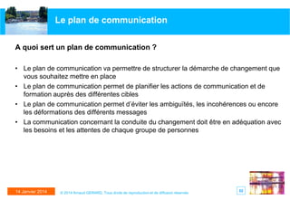 Le plan de communication
A quoi sert un plan de communication ?
• Le plan de communication va permettre de structurer la démarche de changement que
vous souhaitez mettre en place
• Le plan de communication permet de planifier les actions de communication et de
formation auprès des différentes cibles
• Le plan de communication permet d’éviter les ambiguïtés, les incohérences ou encore
les déformations des différents messages
• La communication concernant la conduite du changement doit être en adéquation avec
les besoins et les attentes de chaque groupe de personnes

14 Janvier 2014

© 2014 Arnaud GERARD, Tous droits de reproduction et de diffusion réservés

52

 