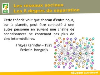 Cette théorie veut que chacun d'entre nous,
sur la planète, peut être connecté à une
autre personne en suivant une chaîne de
connaissances ne contenant pas plus de
cinq intermédiaires.
       Frigyes Karinthy – 1929
          Ecrivain hongrois
 