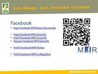 Facebook
• Page Facebook MFR Basse-Normandie

• Page Facebook MFR Granville
• Profil Facebook MFR Granville
• Groupe Facebook MFR Granville

• Profil Facebook MFR Maltot

• Profil Facebook MFR La Bagotière
                                      M   R
 