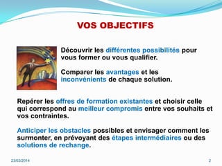 23/03/2014 2
VOS OBJECTIFS
Découvrir les différentes possibilités pour
vous former ou vous qualifier.
Comparer les avantages et les
inconvénients de chaque solution.
Repérer les offres de formation existantes et choisir celle
qui correspond au meilleur compromis entre vos souhaits et
vos contraintes.
Anticiper les obstacles possibles et envisager comment les
surmonter, en prévoyant des étapes intermédiaires ou des
solutions de rechange.
 
