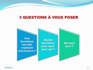 23/03/2014 3
3 QUESTIONS À VOUS POSER
Une
formation
est-elle
vraiment
nécessaire ?
Quelle
formation
pour quoi,
pour qui ?
Qui paie
quoi ?
 