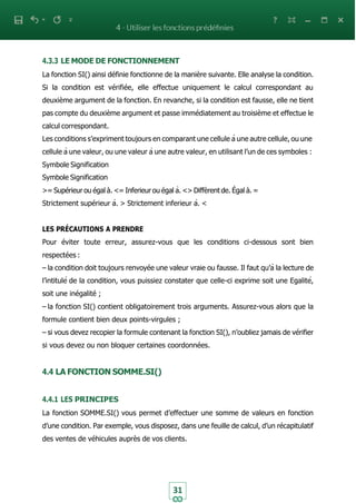 31
4.3.3 LE MODE DE FONCTIONNEMENT
La fonction SI() ainsi définie fonctionne de la manière suivante. Elle analyse la condition.
Si la condition est vérifiée, elle effectue uniquement le calcul correspondant au
deuxième argument de la fonction. En revanche, si la condition est fausse, elle ne tient
pas compte du deuxième argument et passe immédiatement au troisième et effectue le
calcul correspondant.
Les conditions s’expriment toujours en comparant une cellule à une autre cellule, ou une
cellule à une valeur, ou une valeur à une autre valeur, en utilisant l’un de ces symboles :
Symbole Signification
Symbole Signification
>= Supérieur ou égal à. <= Inferieur ou égal à. <> Diffèrent de. Égal à. =
Strictement supérieur à. > Strictement inferieur à. <
LES PRÉCAUTIONS A PRENDRE
Pour éviter toute erreur, assurez-vous que les conditions ci-dessous sont bien
respectées :
– la condition doit toujours renvoyée une valeur vraie ou fausse. Il faut qu’à la lecture de
l’intitulé de la condition, vous puissiez constater que celle-ci exprime soit une Egalité,
soit une inégalité ;
– la fonction SI() contient obligatoirement trois arguments. Assurez-vous alors que la
formule contient bien deux points-virgules ;
– si vous devez recopier la formule contenant la fonction SI(), n’oubliez jamais de vérifier
si vous devez ou non bloquer certaines coordonnées.
4.4 LA FONCTION SOMME.SI()
4.4.1 LES PRINCIPES
La fonction SOMME.SI() vous permet d’effectuer une somme de valeurs en fonction
d’une condition. Par exemple, vous disposez, dans une feuille de calcul, d’un récapitulatif
des ventes de véhicules auprès de vos clients.
 